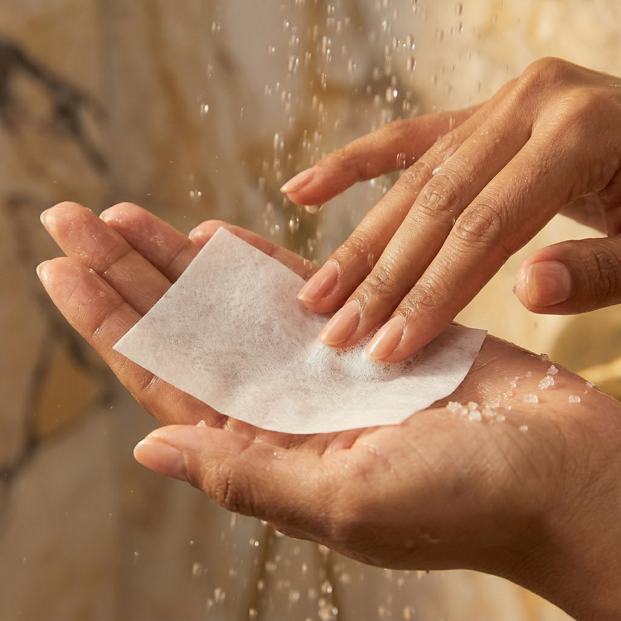Hold one sheet under running water. In seconds, rich lather in your hands.