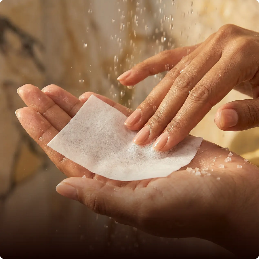 Hold one sheet under running water. In seconds, lightweight conditioner forms in your hands.