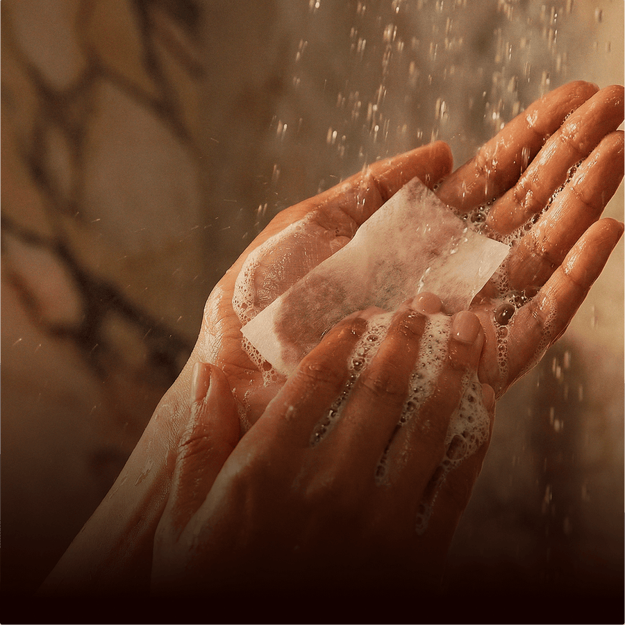 Hold one sheet under running water. In seconds, lightweight conditioner forms in your hands.